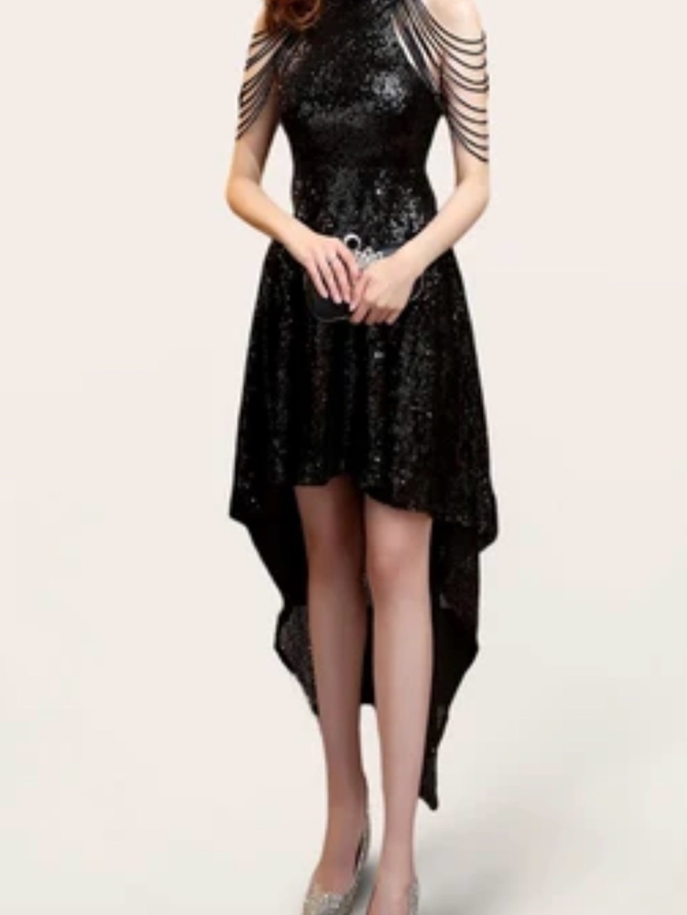 Azazie Black Sequin High-Low Dress with Draped Shoulder Chains